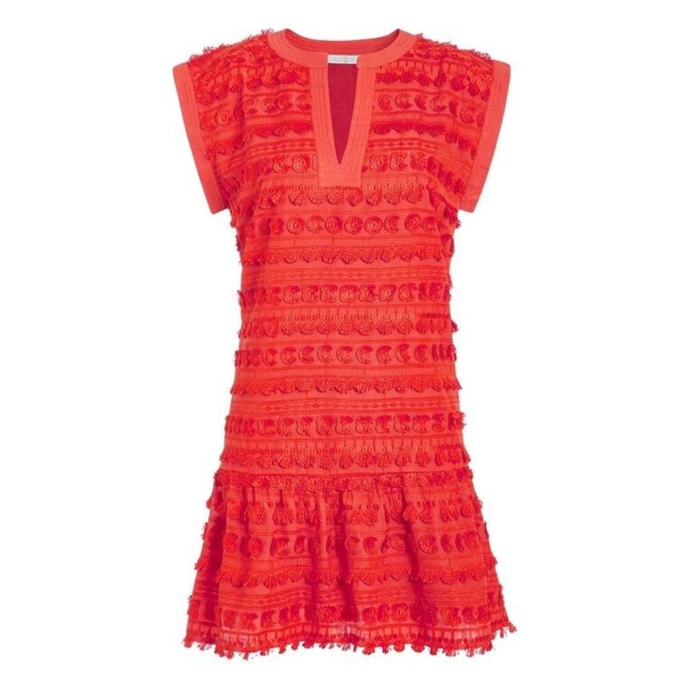 Marie Oliver Herra Women's Size XS Salsa Red Embroidery & Fringe Shift Dress